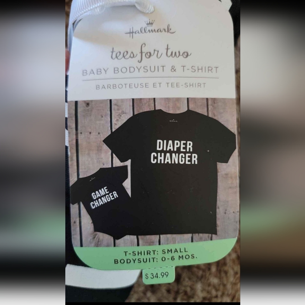 Adult S "DIAPER CHANGER" shirt and 0-6 mth "GAME CHANGER" onesie